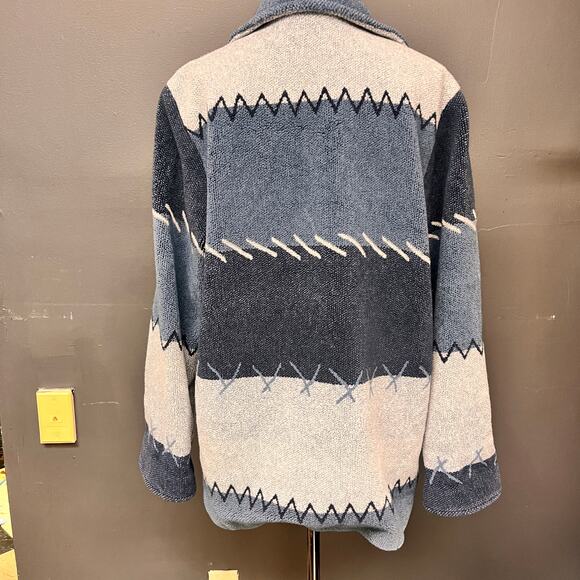 Vintage women's fleece striped satin lined coat double breasted blue grey size L - Picture 3 of 10